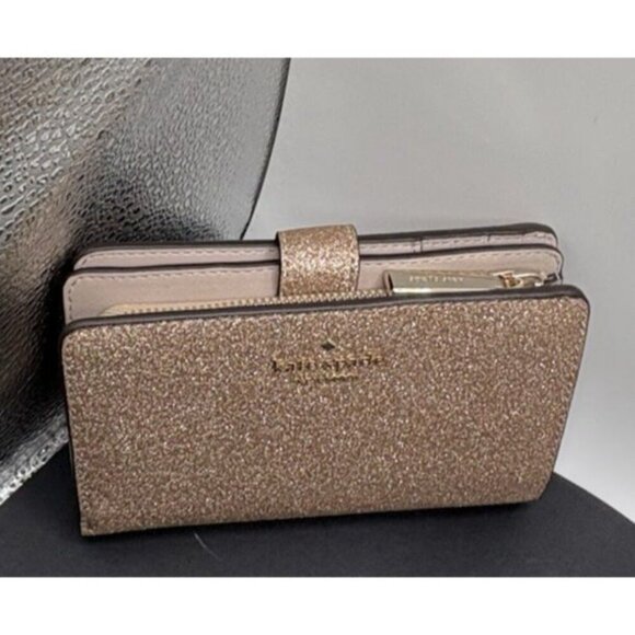 Kate Spade Glimmer Glitter Gold Medium Compact Bifold Wallet KE446 NEW - Picture 3 of 8